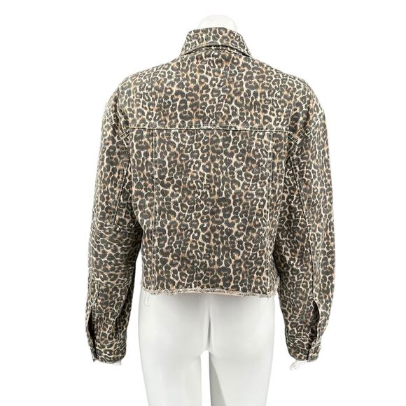 Free People Jacket Womens Small Brown Cheetah Print Denim Oversized Frayed Hem - Picture 6 of 10